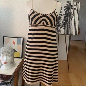 Miou Muse Sleeveless boho Knit/Crochet mini dress with black and beige stripes